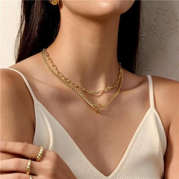 Gold Layered Necklaces for Women, 14K Dainty Gold Chain Necklace Women Trendy - Picture 4 of 7